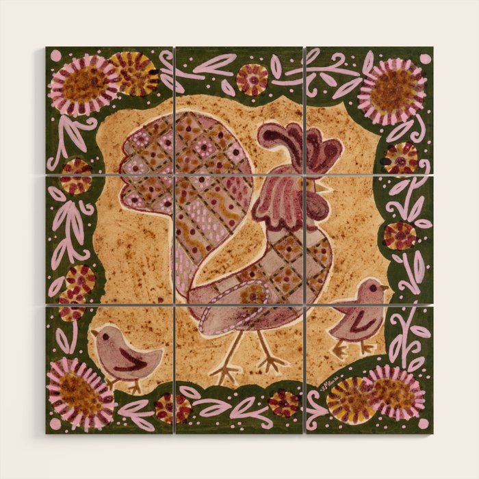 Rooster Painting in Forest Green - Folk Art Style Wood Wall Art Gallery Image 1