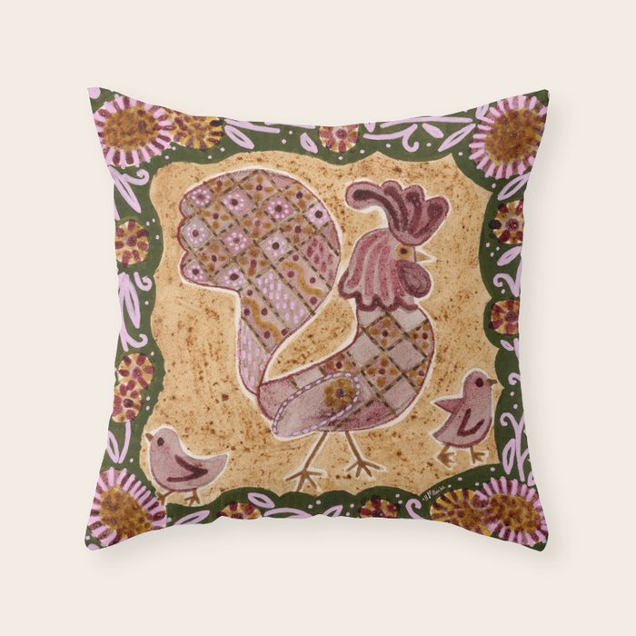 Rooster Painting in Forest Green - Folk Art Style Throw Pillow Gallery Image 6