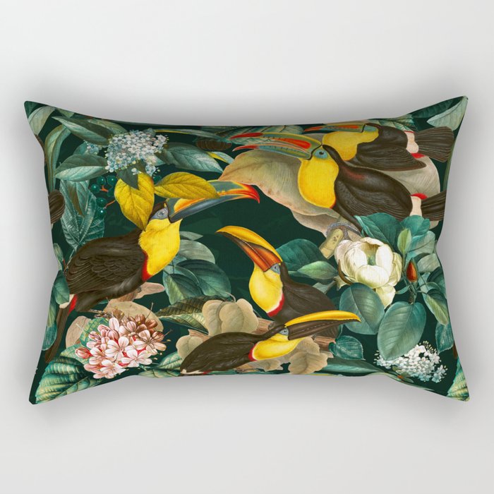Floral and Birds Vintage Garden Night II Rectangular Pillow Gallery Image 1