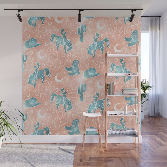 Cosmic Cowboys and Cacti -  peach and turquoise  Wall Mural Gallery Image 1