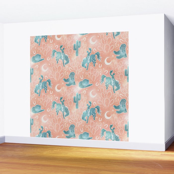 Cosmic Cowboys and Cacti -  peach and turquoise  Wall Mural Gallery Image 2