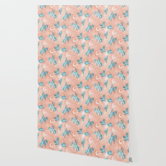 Cosmic Cowboys and Cacti -  peach and turquoise  Wallpaper Gallery Image 2