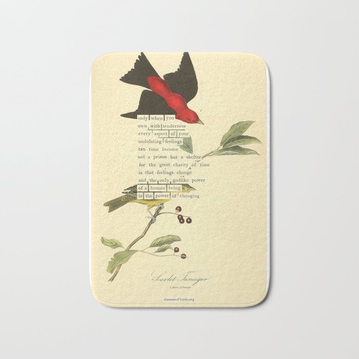 Bird Divinations: Scarlet Tanager (about: almanacofbirds.org) Bath Mat Gallery Image 1