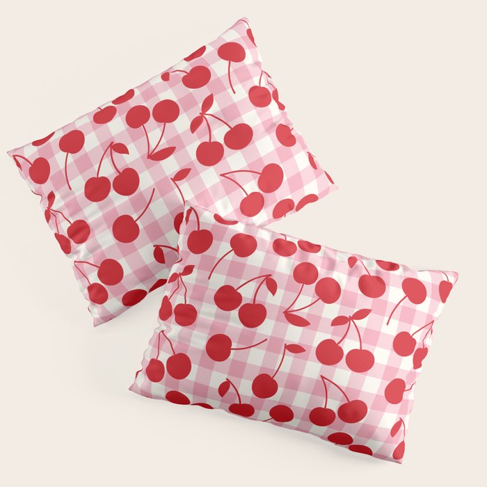 Red Cherries & Blush Pink Gingham Pillow Sham Gallery Image 1