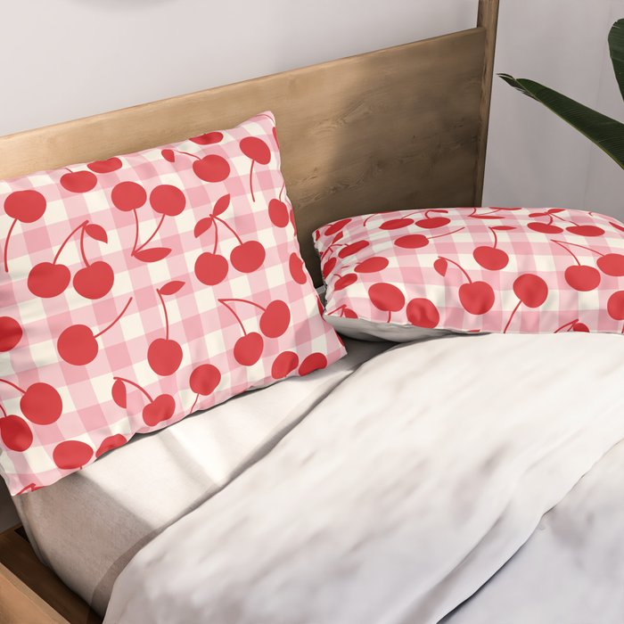 Red Cherries & Blush Pink Gingham Pillow Sham Gallery Image 2