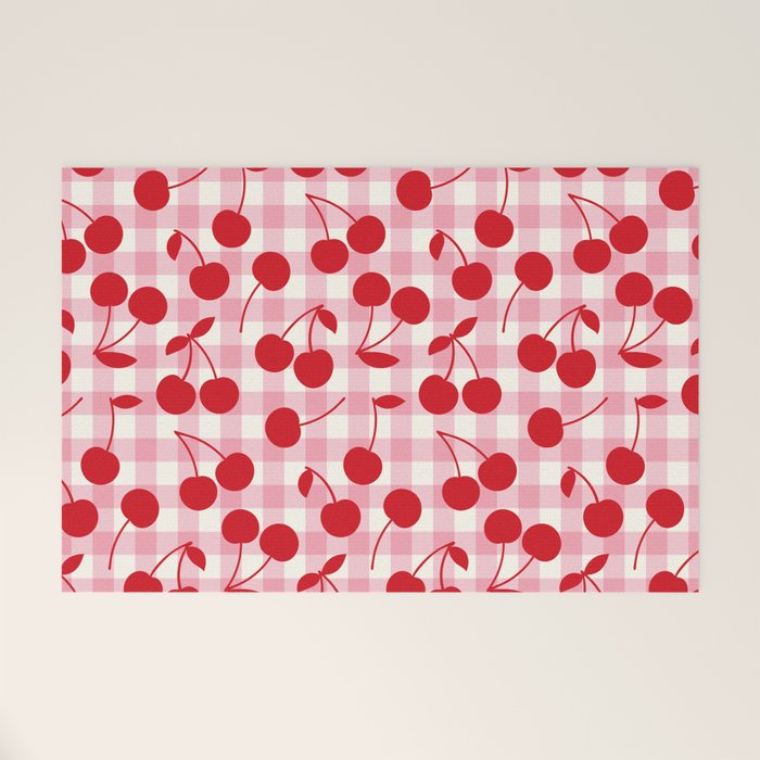 Red Cherries & Blush Pink Gingham Welcome Mat Gallery Image 1