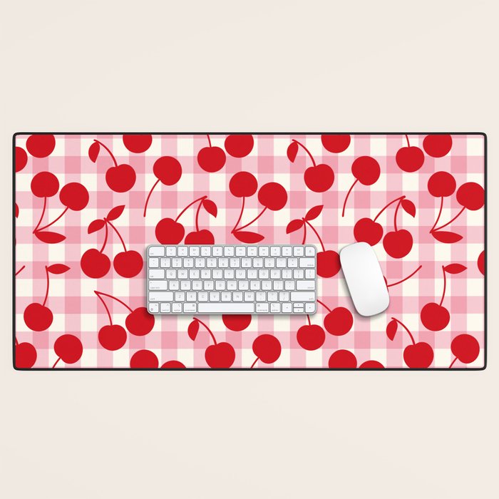Red Cherries & Blush Pink Gingham Desk Mat Gallery Image 1