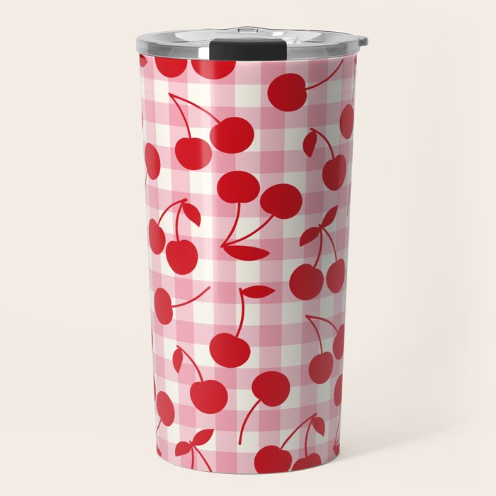 Red Cherries & Blush Pink Gingham Travel Mug Gallery Image 1