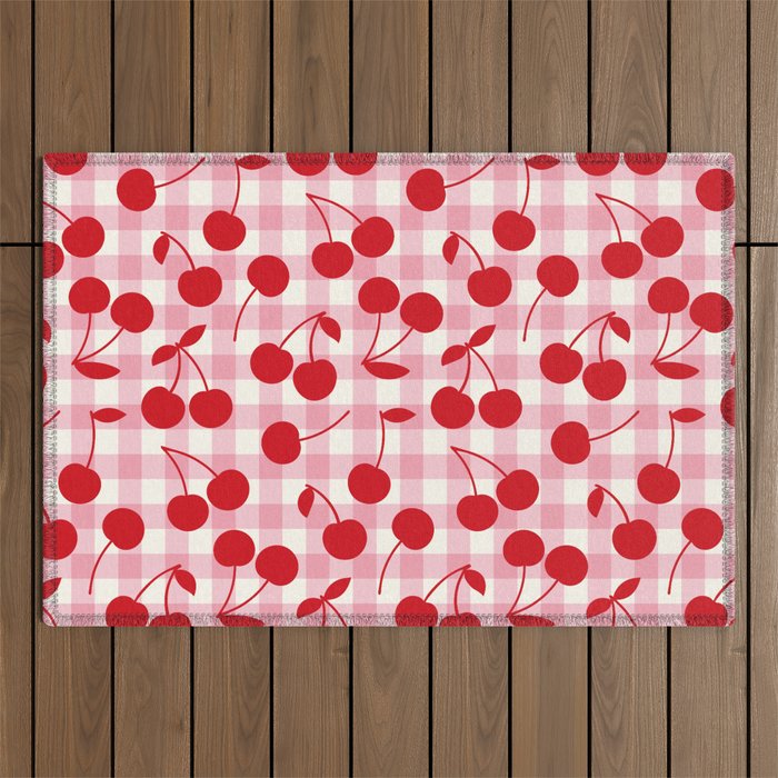 Red Cherries & Blush Pink Gingham Outdoor Rug Gallery Image 1