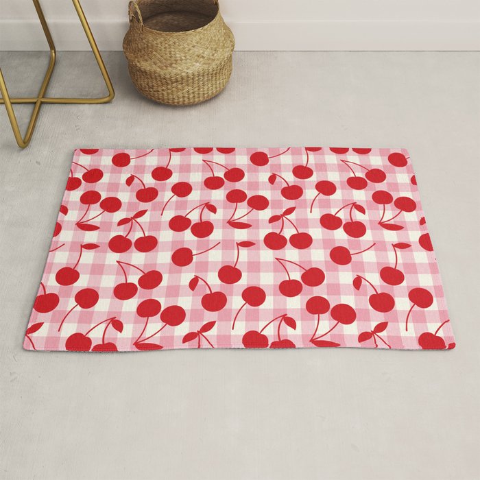 Red Cherries & Blush Pink Gingham Rug Gallery Image 1