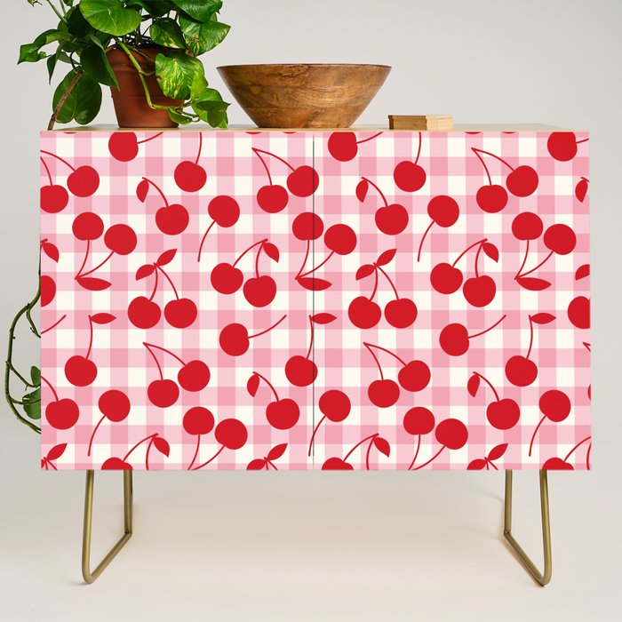 Red Cherries & Blush Pink Gingham Credenza Gallery Image 1