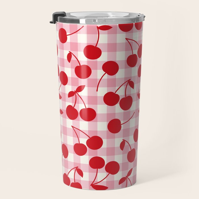 Red Cherries & Blush Pink Gingham Travel Mug Gallery Image 3