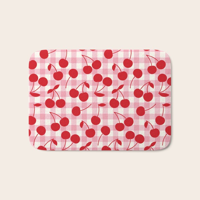 Red Cherries & Blush Pink Gingham Bath Mat Gallery Image 1