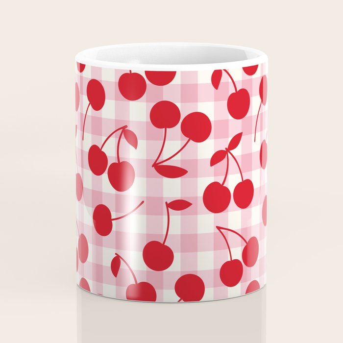 Red Cherries & Blush Pink Gingham Coffee Mug Gallery Image 4