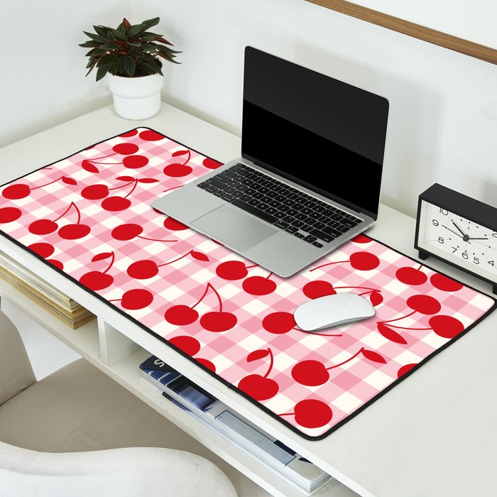 Red Cherries & Blush Pink Gingham Desk Mat Gallery Image 2
