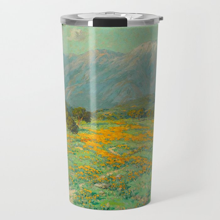 Granville Redmond snow cap spring landscape painting orange flowers green field Travel Mug Gallery Image 1