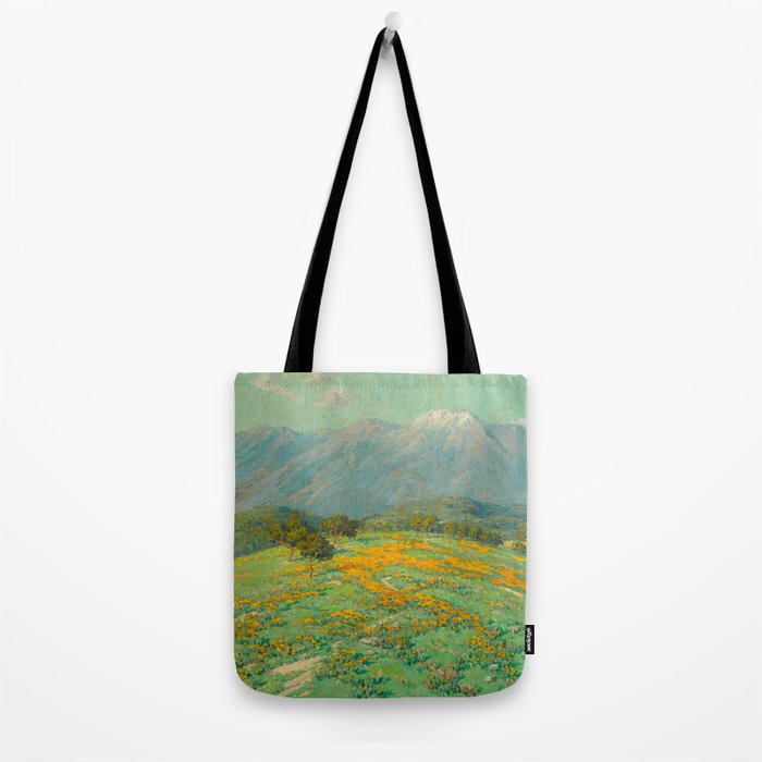 Granville Redmond snow cap spring landscape painting orange flowers green field Tote Bag Gallery Image 2