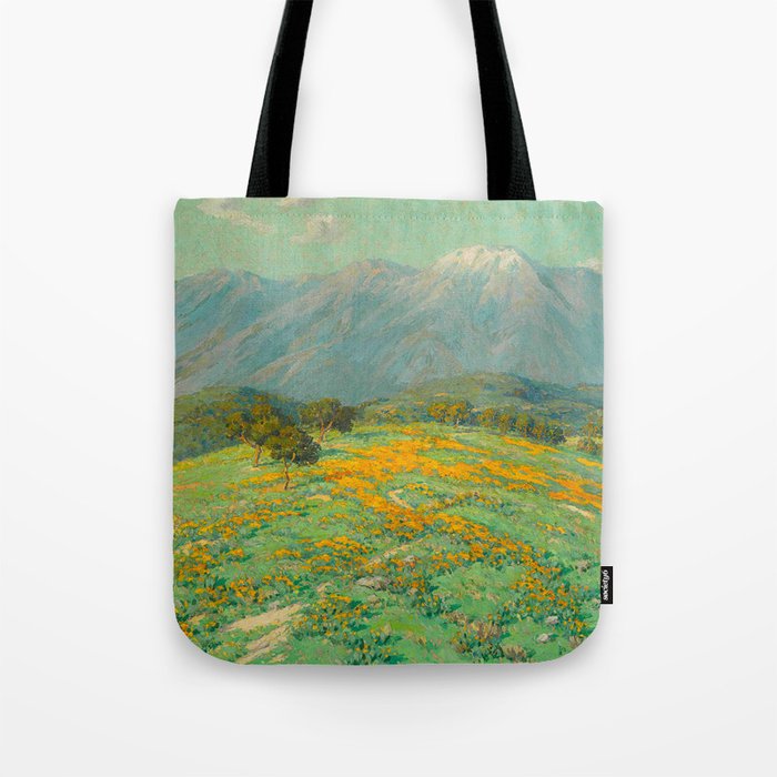 Granville Redmond snow cap spring landscape painting orange flowers green field Tote Bag Gallery Image 1