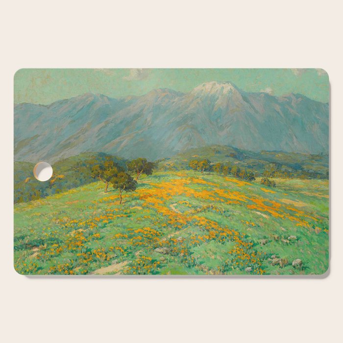 Granville Redmond snow cap spring landscape painting orange flowers green field Cutting Board Gallery Image 1