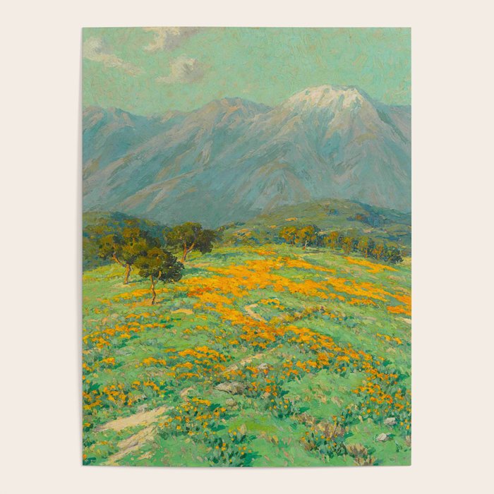 Granville Redmond snow cap spring landscape painting orange flowers green field Poster Gallery Image 1