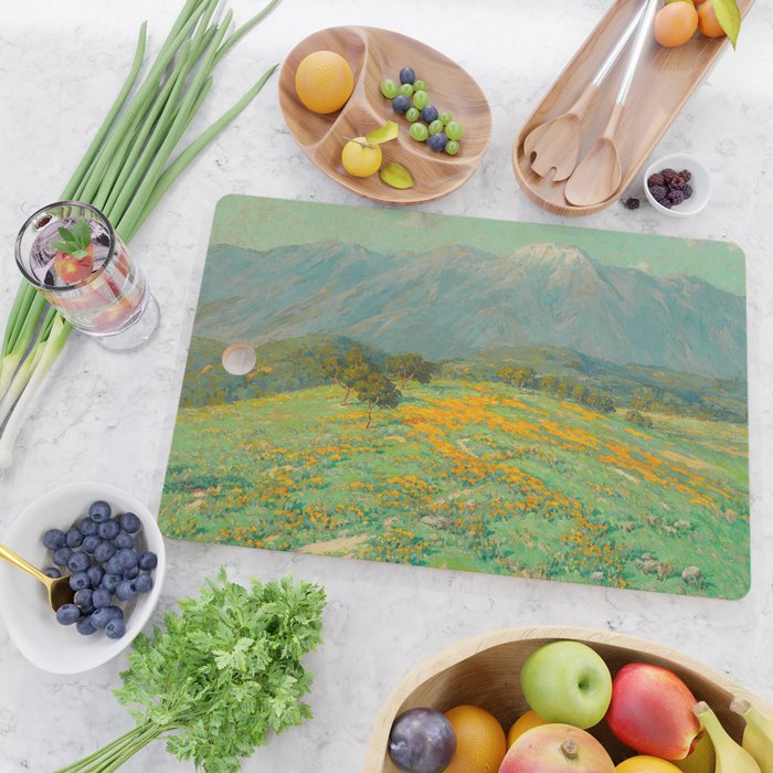 Granville Redmond snow cap spring landscape painting orange flowers green field Cutting Board Gallery Image 2