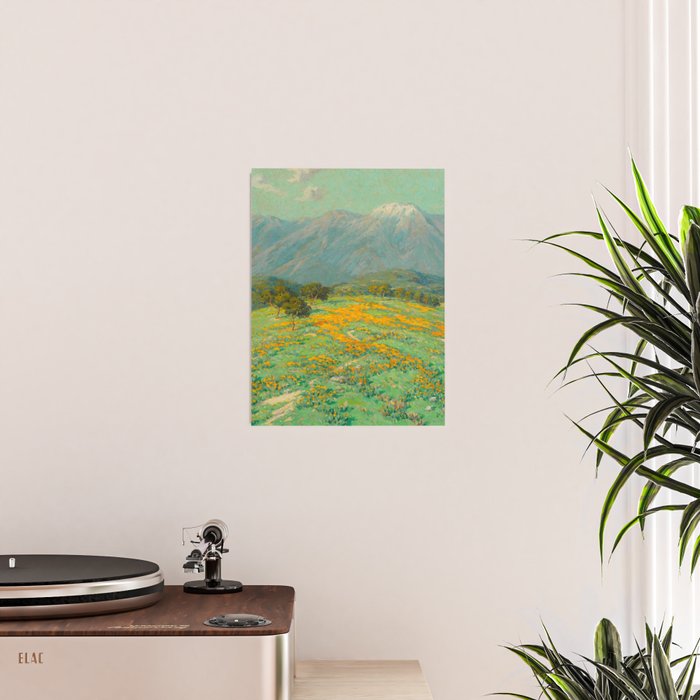 Granville Redmond snow cap spring landscape painting orange flowers green field Poster Gallery Image 2