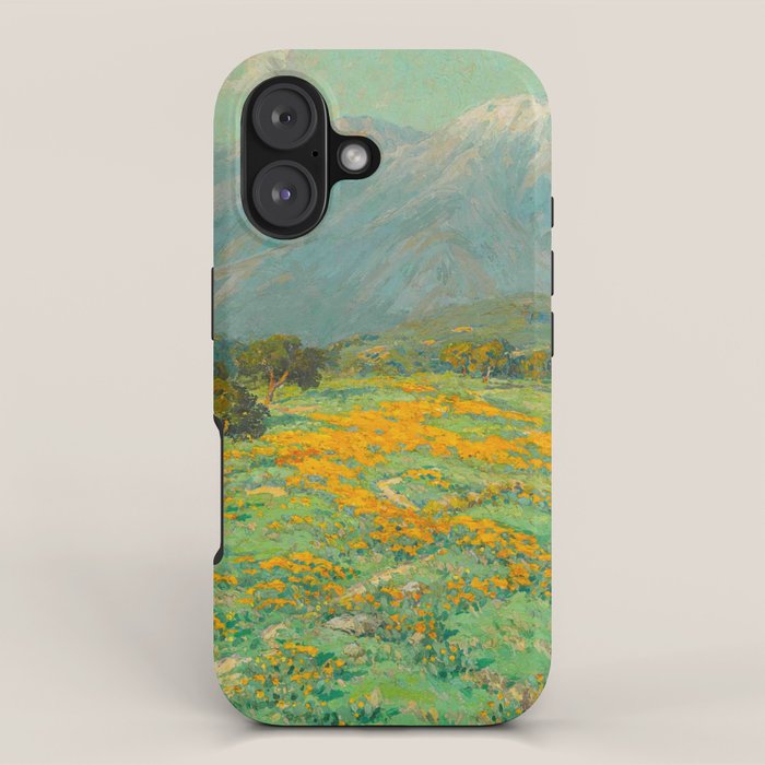 Granville Redmond snow cap spring landscape painting orange flowers green field iPhone Case Gallery Image 1