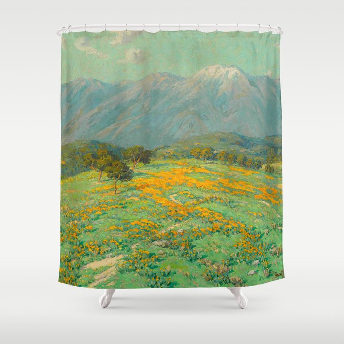 Granville Redmond snow cap spring landscape painting orange flowers green field Shower Curtain Gallery Image 1