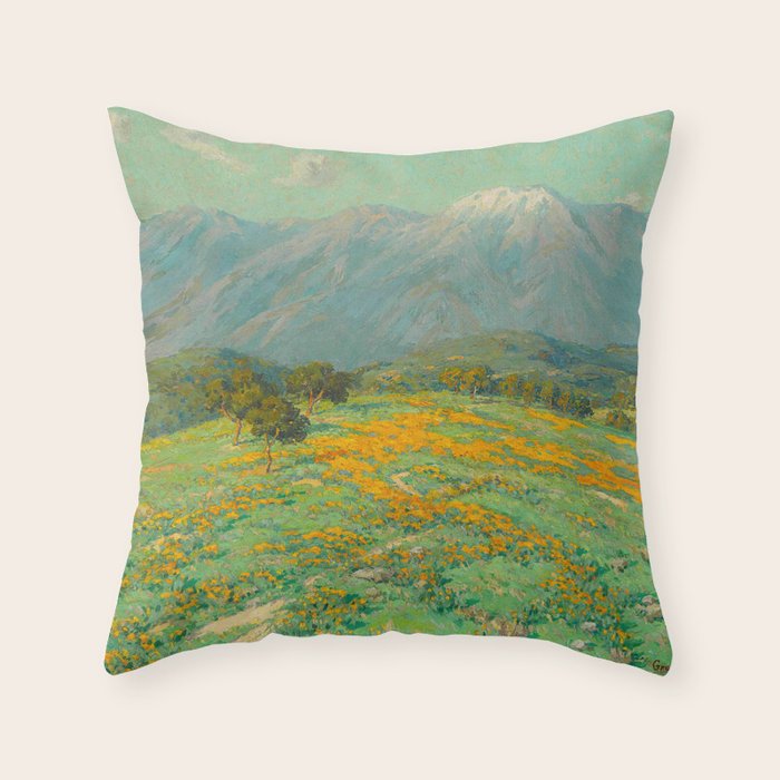 Granville Redmond snow cap spring landscape painting orange flowers green field Throw Pillow Gallery Image 1