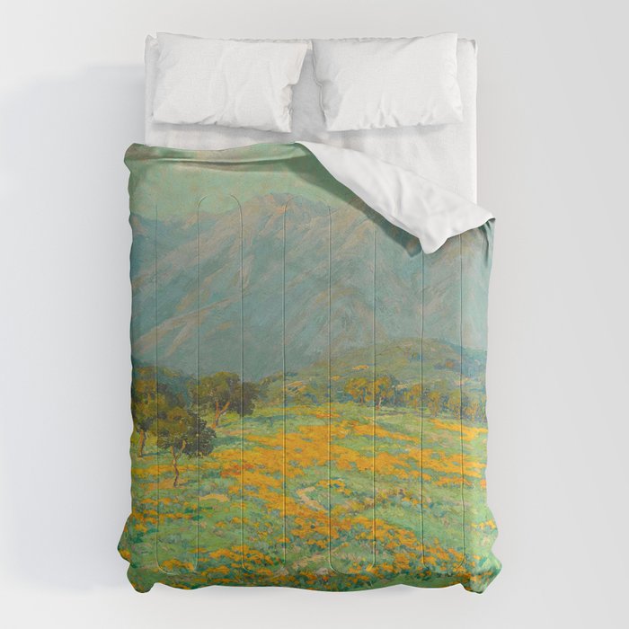 Granville Redmond snow cap spring landscape painting orange flowers green field Comforter Gallery Image 6