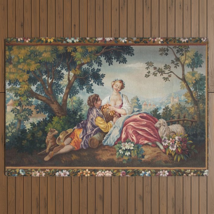 Antique 19th Century Romantic Lovers French Aubusson Tapestry Outdoor Rug Gallery Image 3