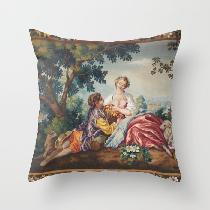 Antique 19th Century Romantic Lovers French Aubusson Tapestry Throw Pillow Gallery Image 6