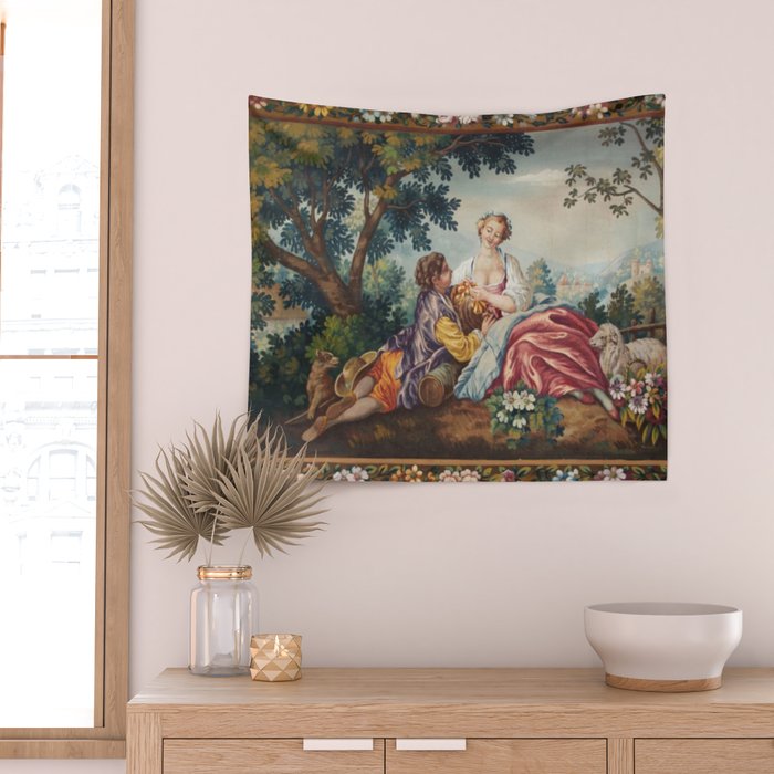 Antique 19th Century Romantic Lovers French Aubusson Tapestry Wall Tapestry Gallery Image 2