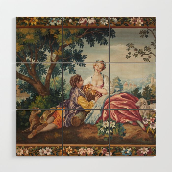 Antique 19th Century Romantic Lovers French Aubusson Tapestry Wood Wall Art Gallery Image 1