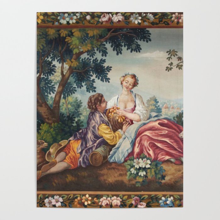 Antique 19th Century Romantic Lovers French Aubusson Tapestry Poster Gallery Image 1
