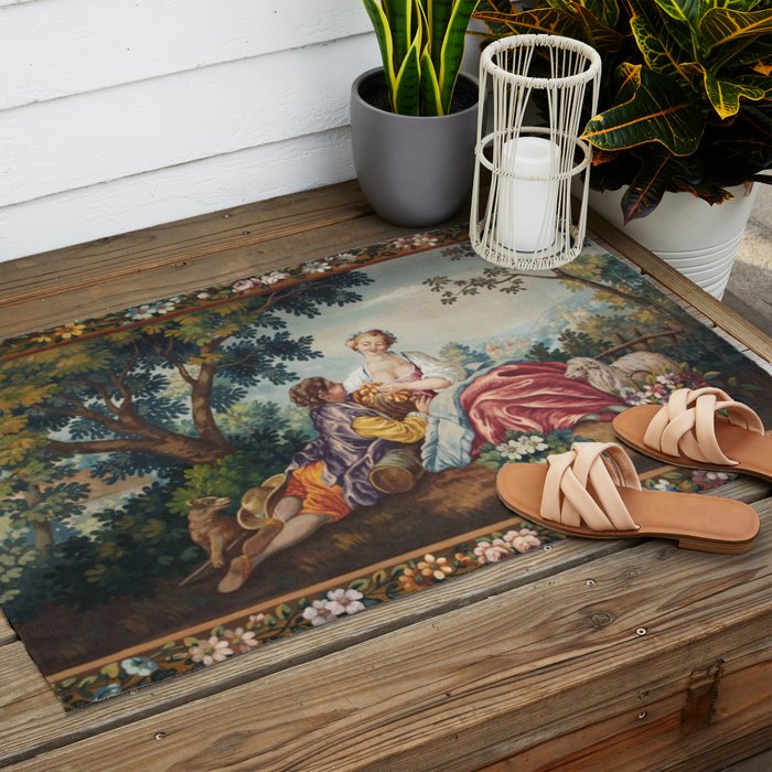 Antique 19th Century Romantic Lovers French Aubusson Tapestry Outdoor Rug Gallery Image 2
