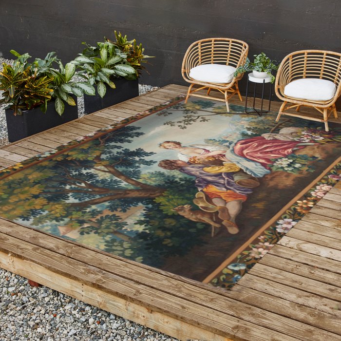 Antique 19th Century Romantic Lovers French Aubusson Tapestry Outdoor Rug Gallery Image 2