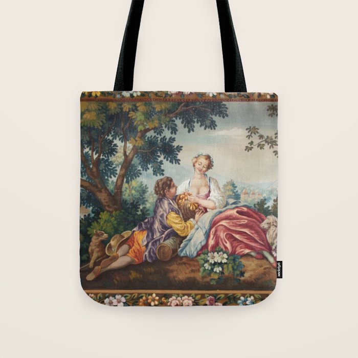 Antique 19th Century Romantic Lovers French Aubusson Tapestry Tote Bag Gallery Image 1