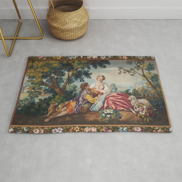 Antique 19th Century Romantic Lovers French Aubusson Tapestry Rug Gallery Image 1