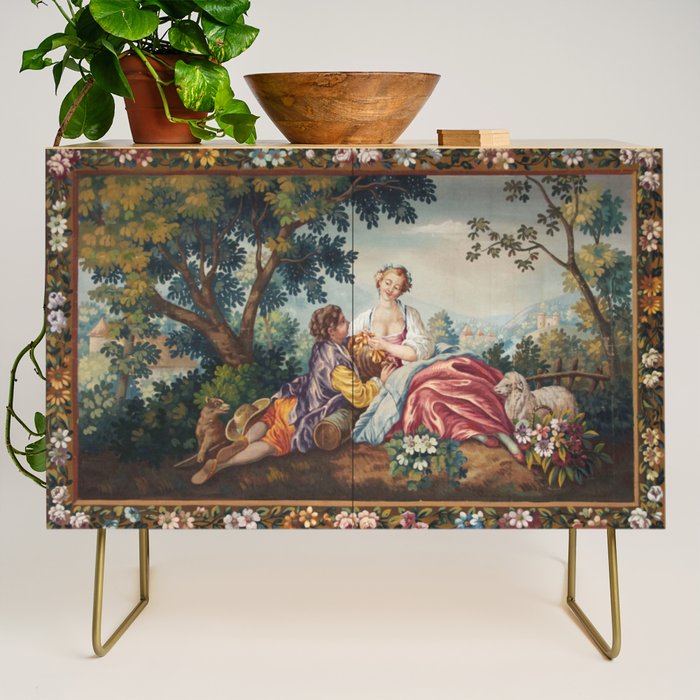 Antique 19th Century Romantic Lovers French Aubusson Tapestry Credenza Gallery Image 1