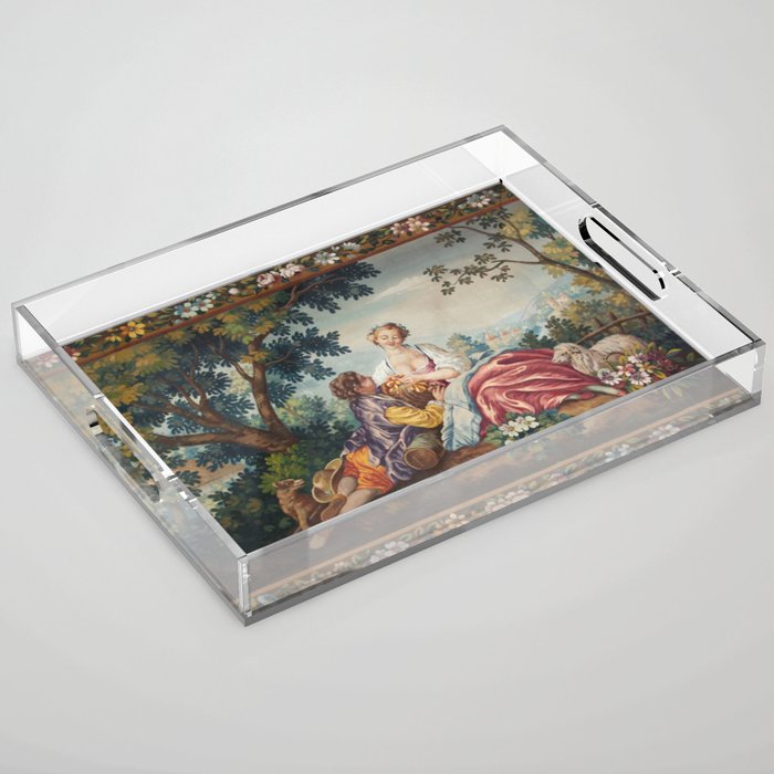 Antique 19th Century Romantic Lovers French Aubusson Tapestry Acrylic Tray Gallery Image 1