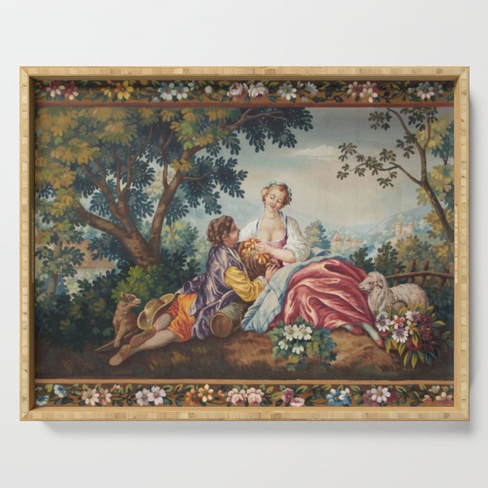 Antique 19th Century Romantic Lovers French Aubusson Tapestry Serving Tray Gallery Image 1