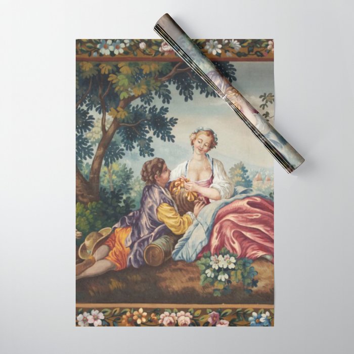 Antique 19th Century Romantic Lovers French Aubusson Tapestry Wrapping Paper Gallery Image 1