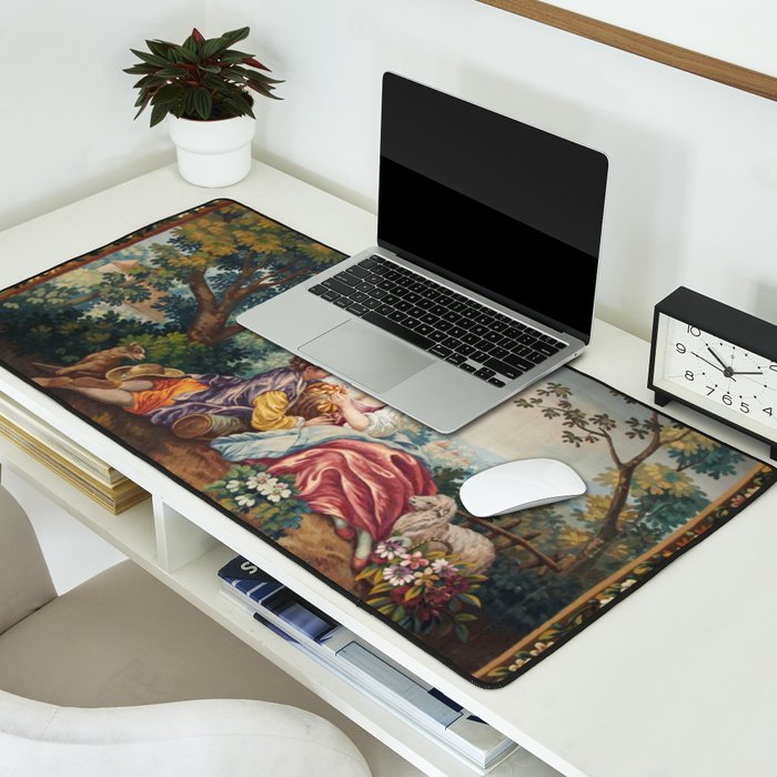 Antique 19th Century Romantic Lovers French Aubusson Tapestry Desk Mat Gallery Image 2