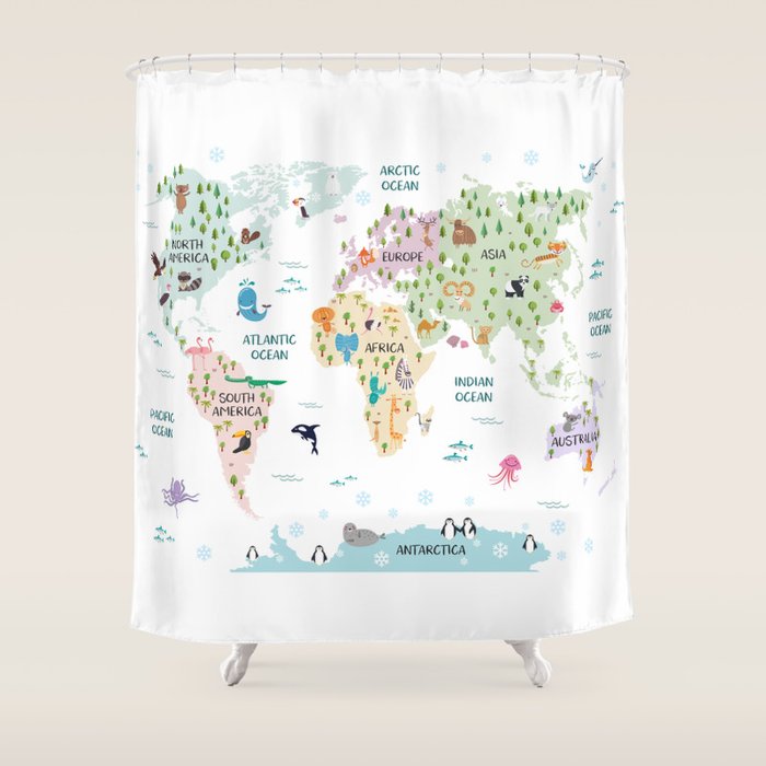 Nursery Animal World Map in Pastels Shower Curtain Gallery Image 1