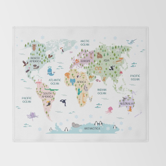 Nursery Animal World Map in Pastels Throw Blanket Gallery Image 2