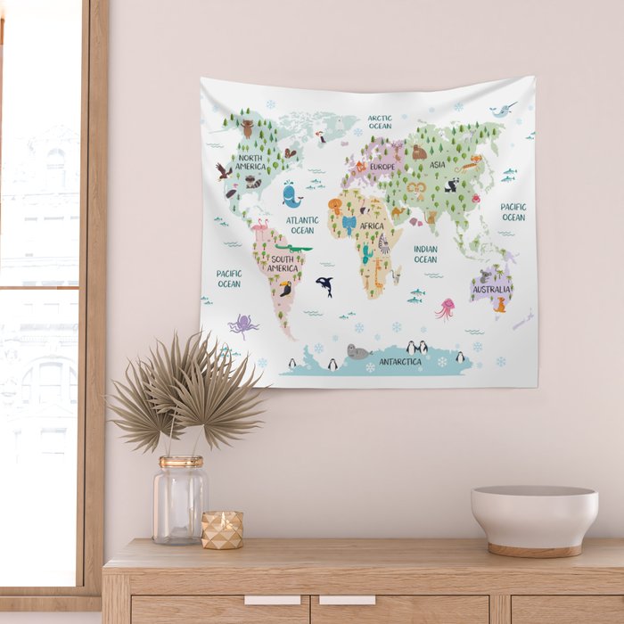 Nursery Animal World Map in Pastels Wall Tapestry Gallery Image 2