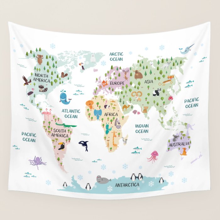 Nursery Animal World Map in Pastels Wall Tapestry Gallery Image 4