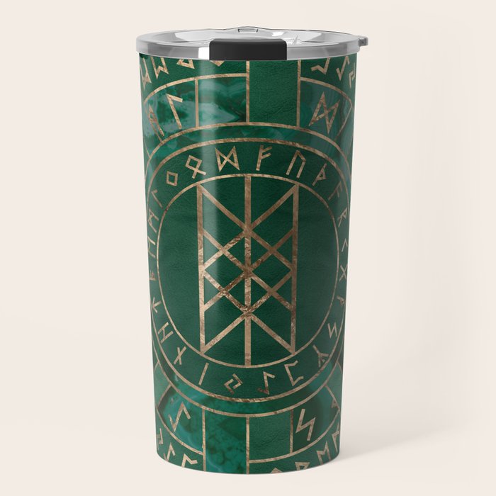 Web of Wyrd - Malachite, Leather and Golden texture Travel Mug Gallery Image 1