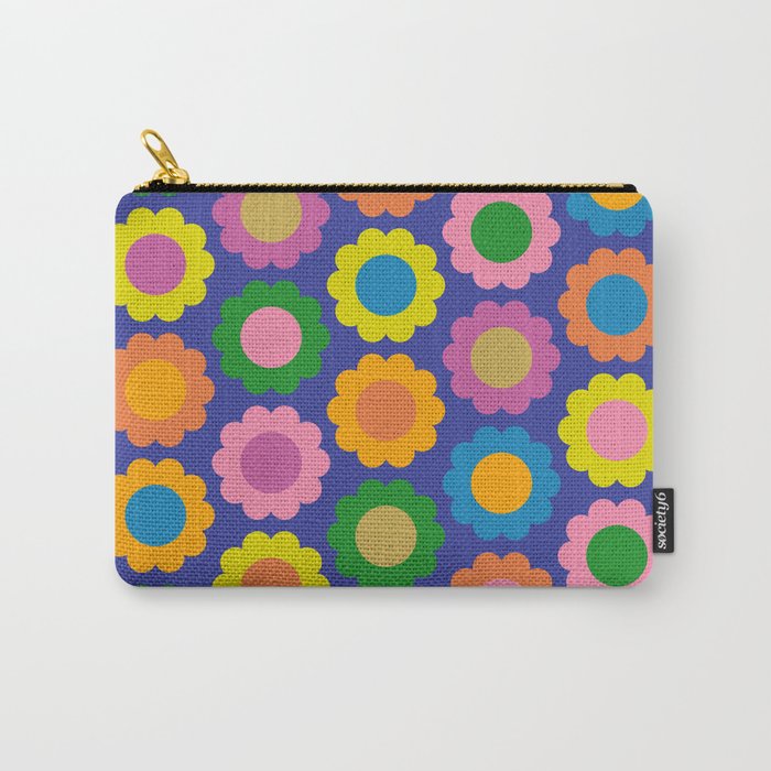 Happy Flowers Colorful Retro Pattern on Blue Carry All Pouch Gallery Image 1